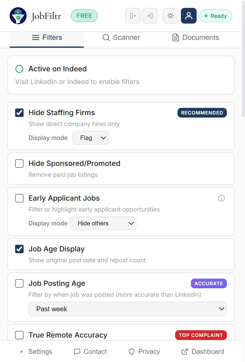 JobFiltr Filters - Light Mode